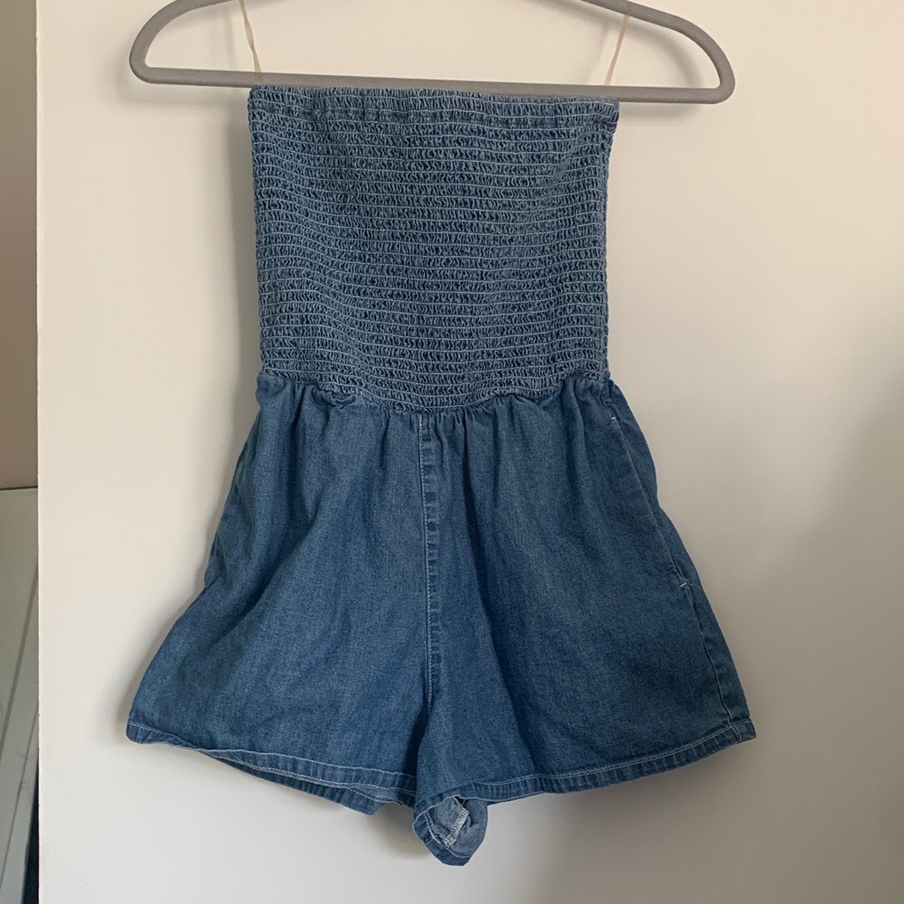 Blue Strapless Denim Romper